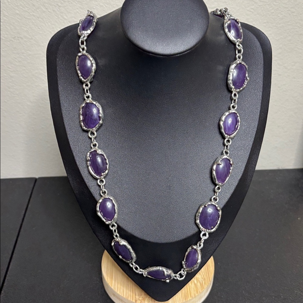 Purple Stone Linked Silver Tone Necklace Geometric Long Native American Western